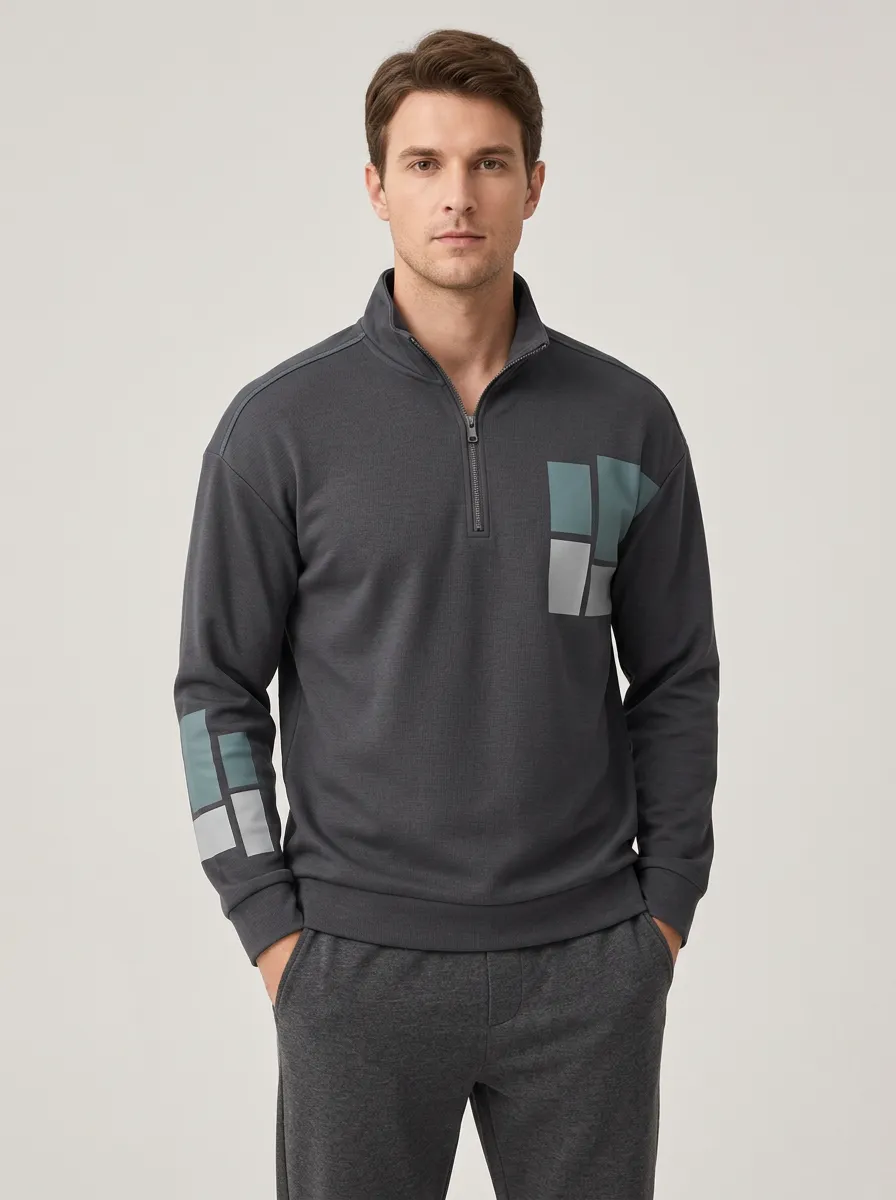 Men's Geometric Block Pattern Printed Quarter Zip Sweatshirt