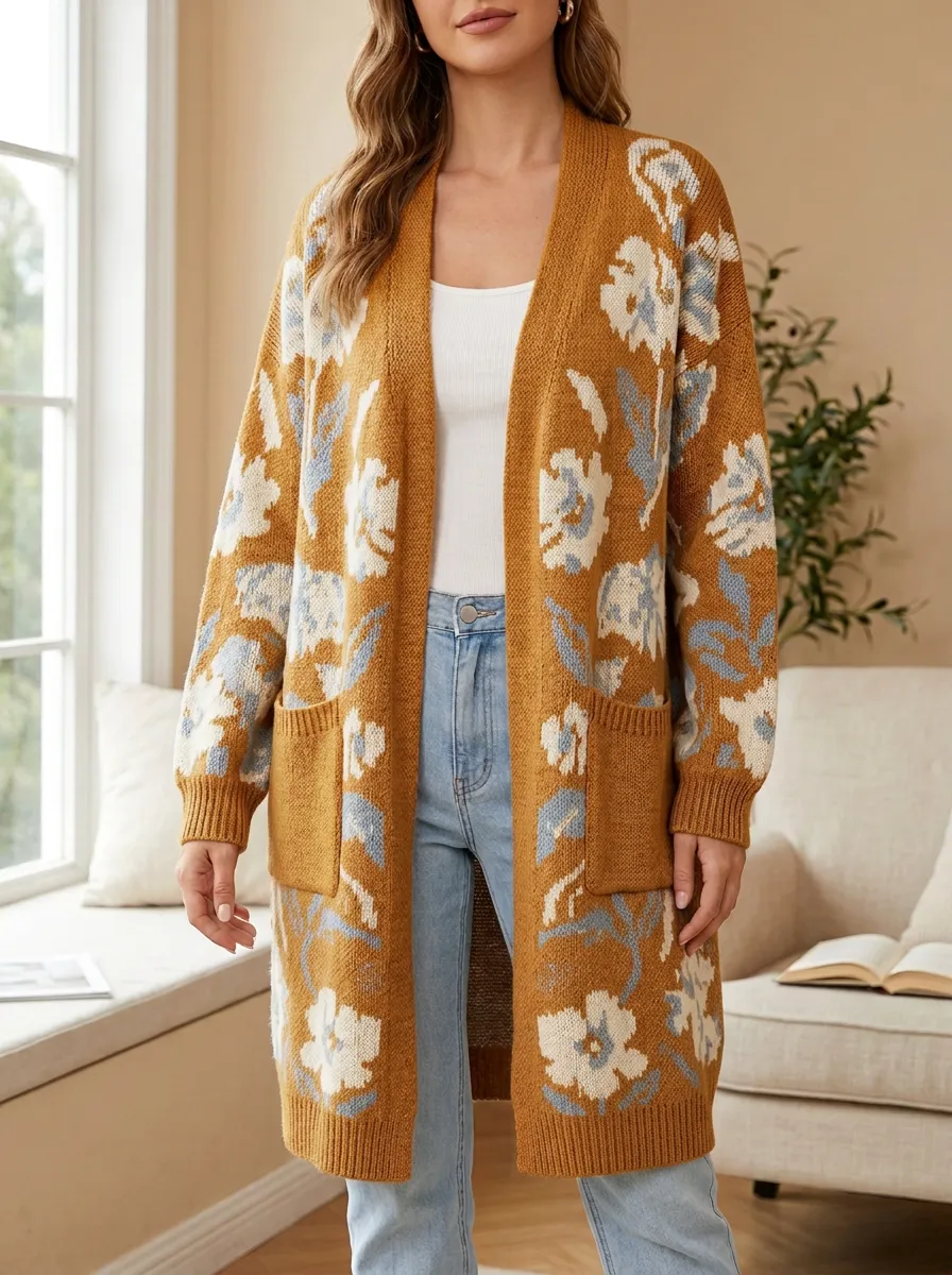Women's Floral Pattern Knit Allover Floral Jacquard Pattern Long Cardigan