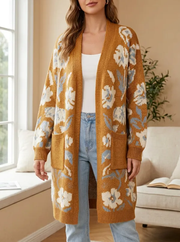 Women's Floral Pattern Knit Allover Floral Jacquard Pattern Long Cardigan