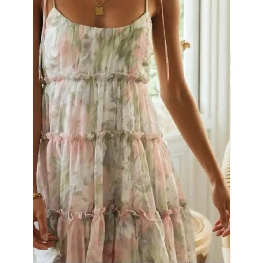 Printed Tie-strap Tiered Mini Dress