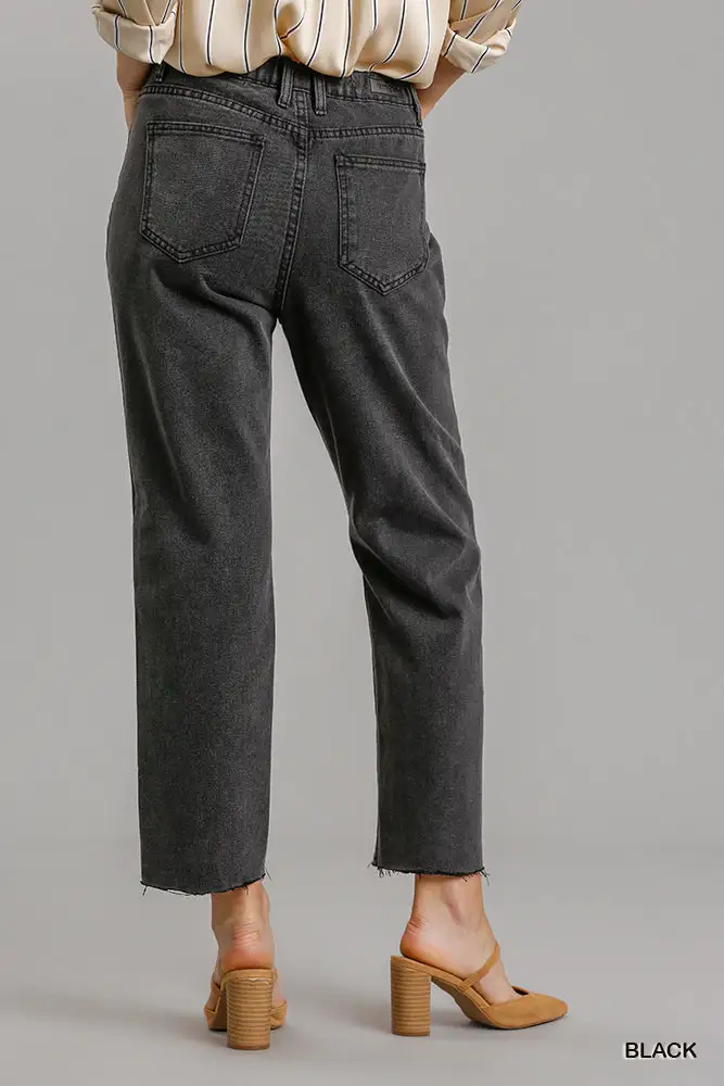 Multi Pocket Non Stretch Straight Cut Distressed Denim Jeans With Raw Hem
