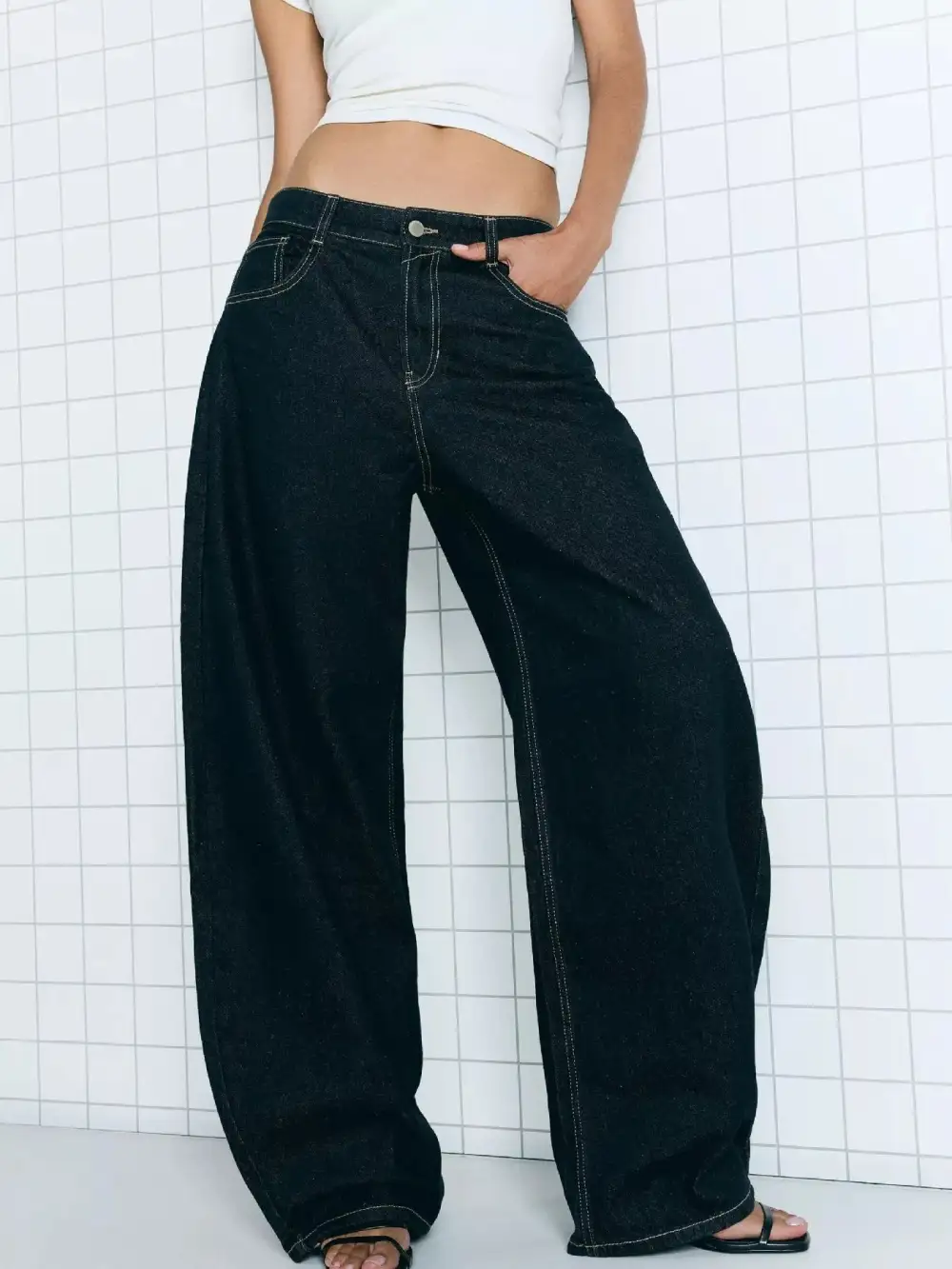 Polished Wide Leg Washed Denim Jeans