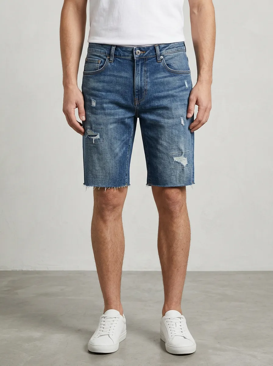 Men's Functional Distressed Raw Hem Street Inspired Distressed Denim Shorts