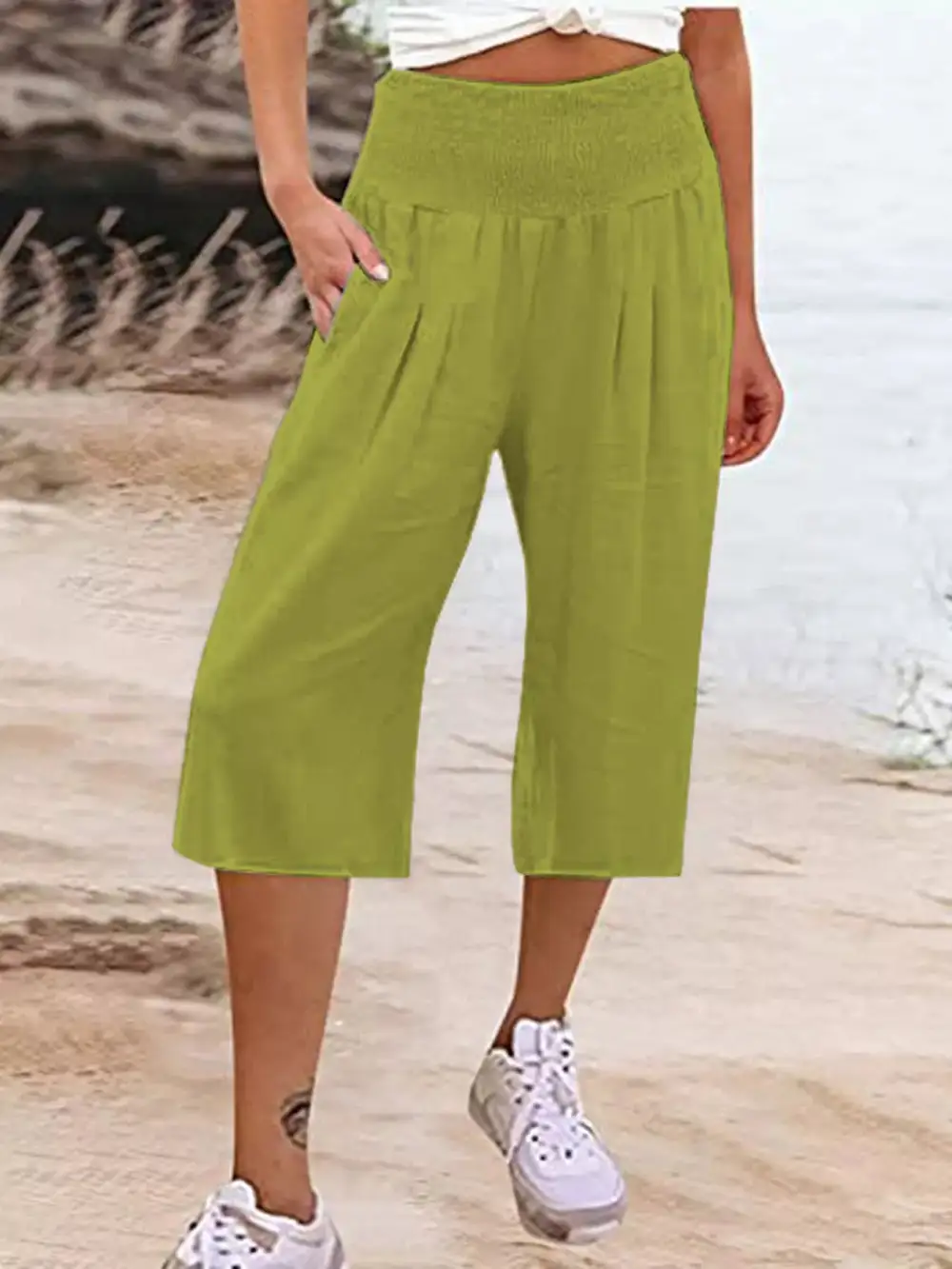 Smocked Wide Leg Capri Pants