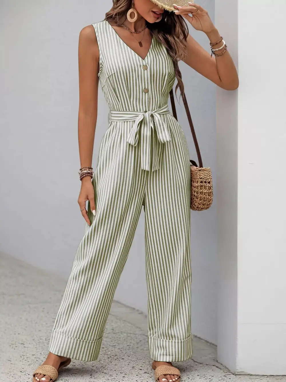 Striped Button Front Tie Waist Wide Jumpsuit