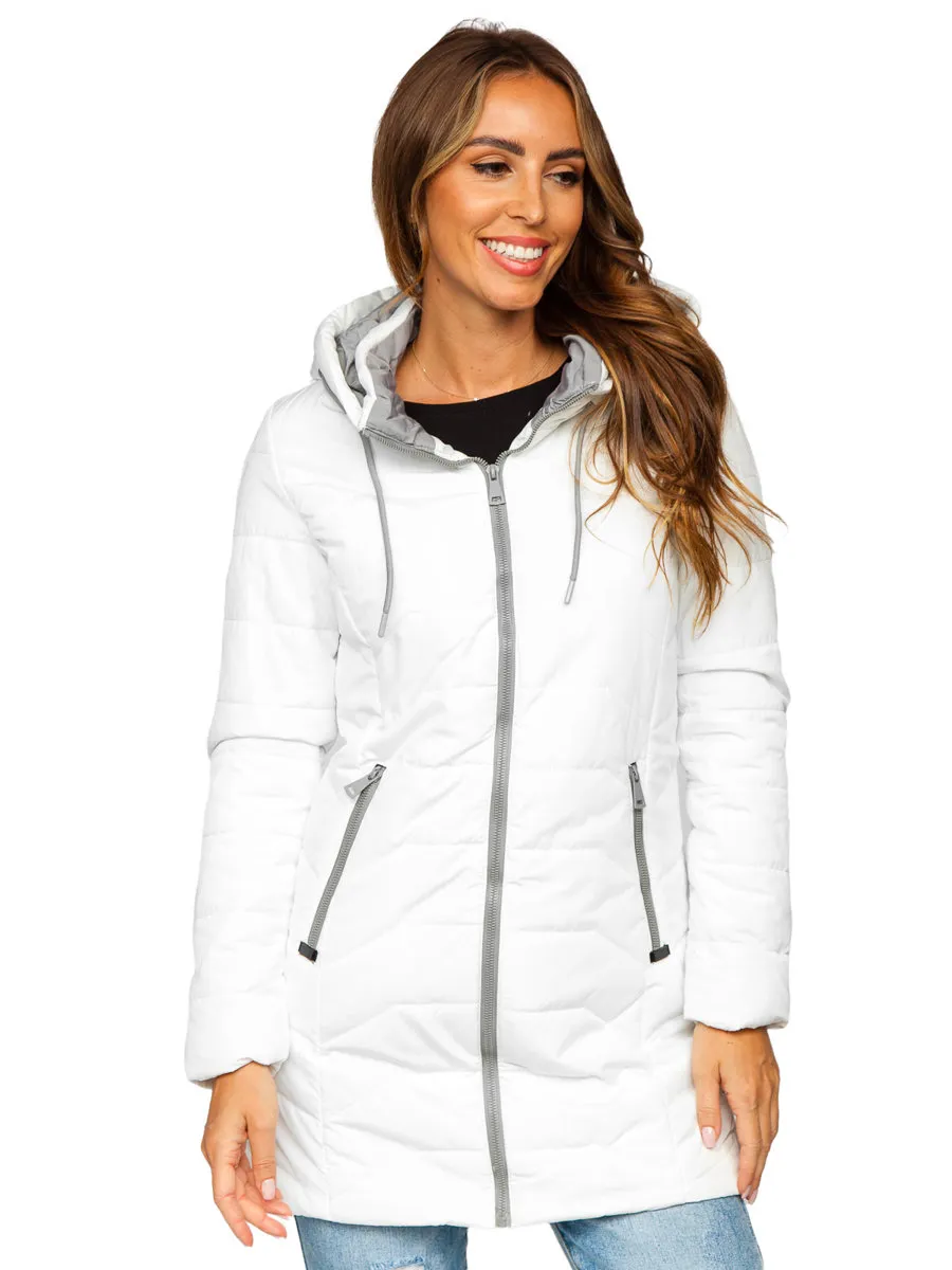 white women's long quilted winter jacket with hood