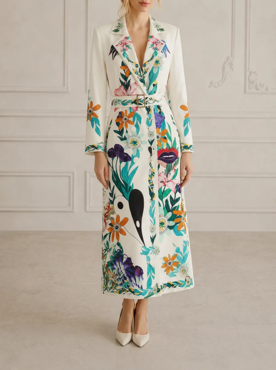 Women's Floral Botanical Abstract Art Printed Trench Coat