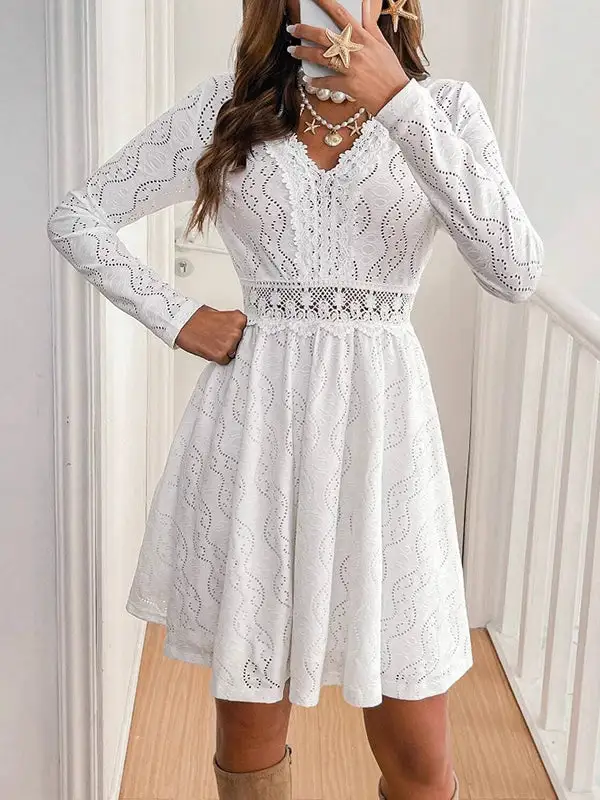 High Waisted Long Sleeve Hollow Lacy Solid Color Split Joint V