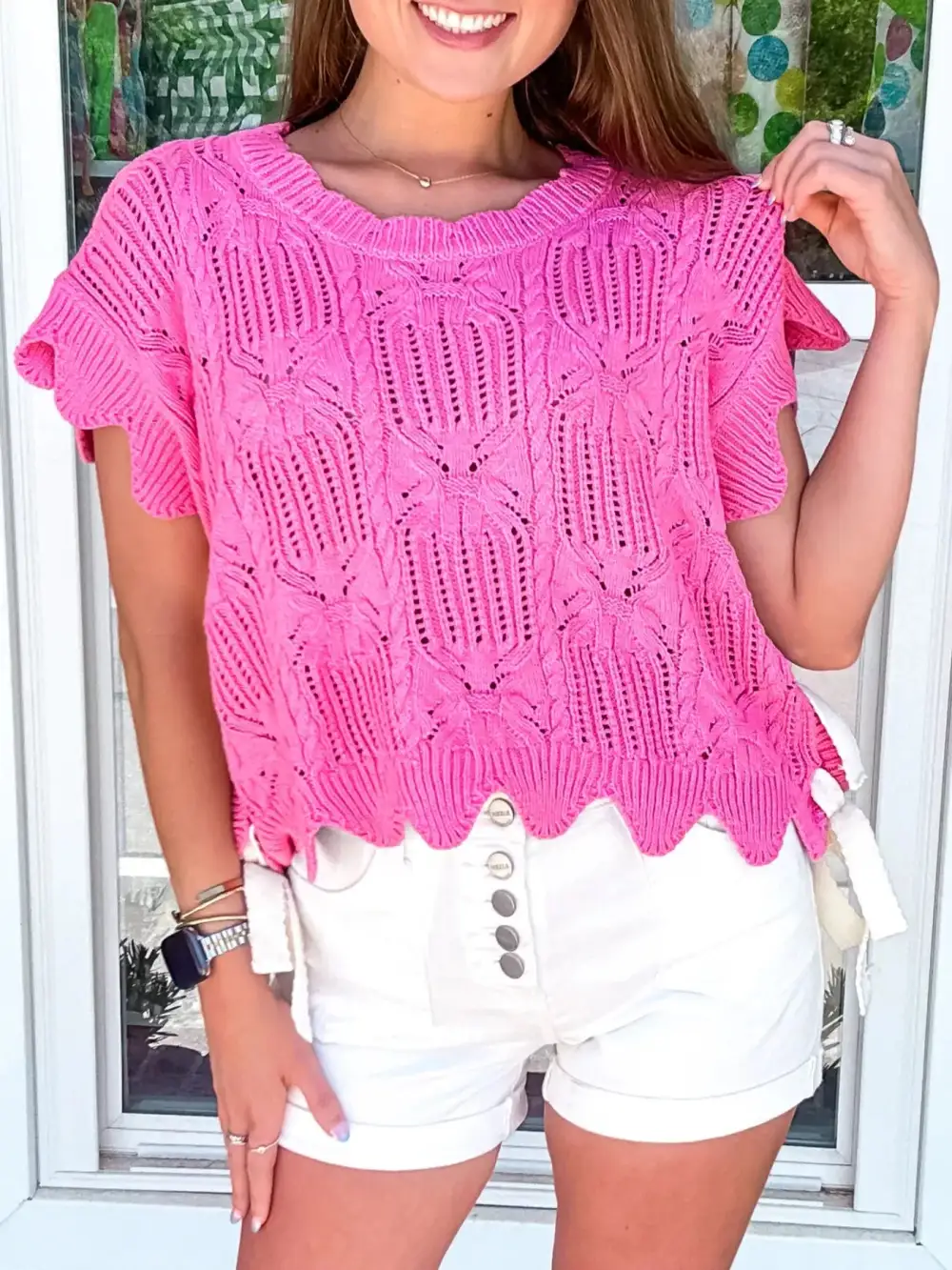 Side Tie Openwork Round Neck Sweater Vest