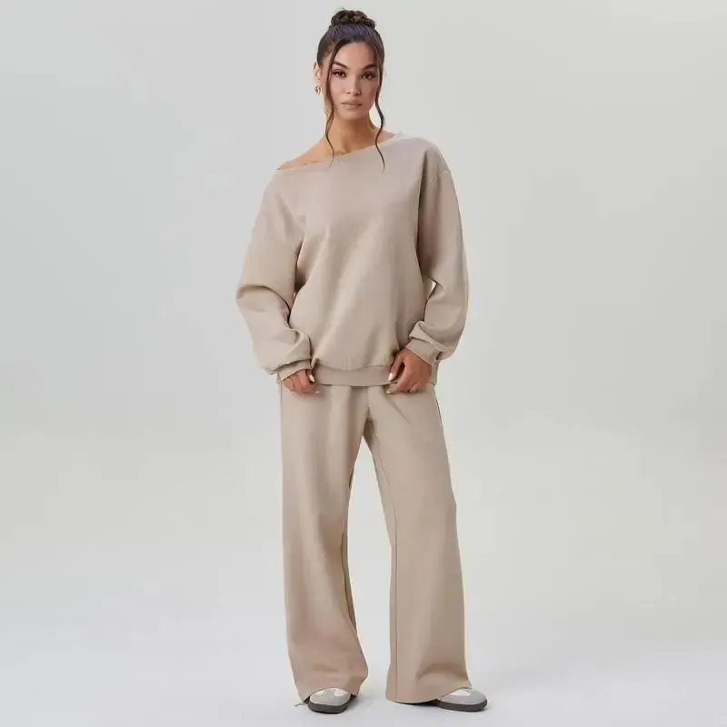 🔥Last Day 89% OFF🔥Women's Leisure Solid Color Sloping Shoulder Long Sleeve Top & Wide Leg Trousers Co-ord