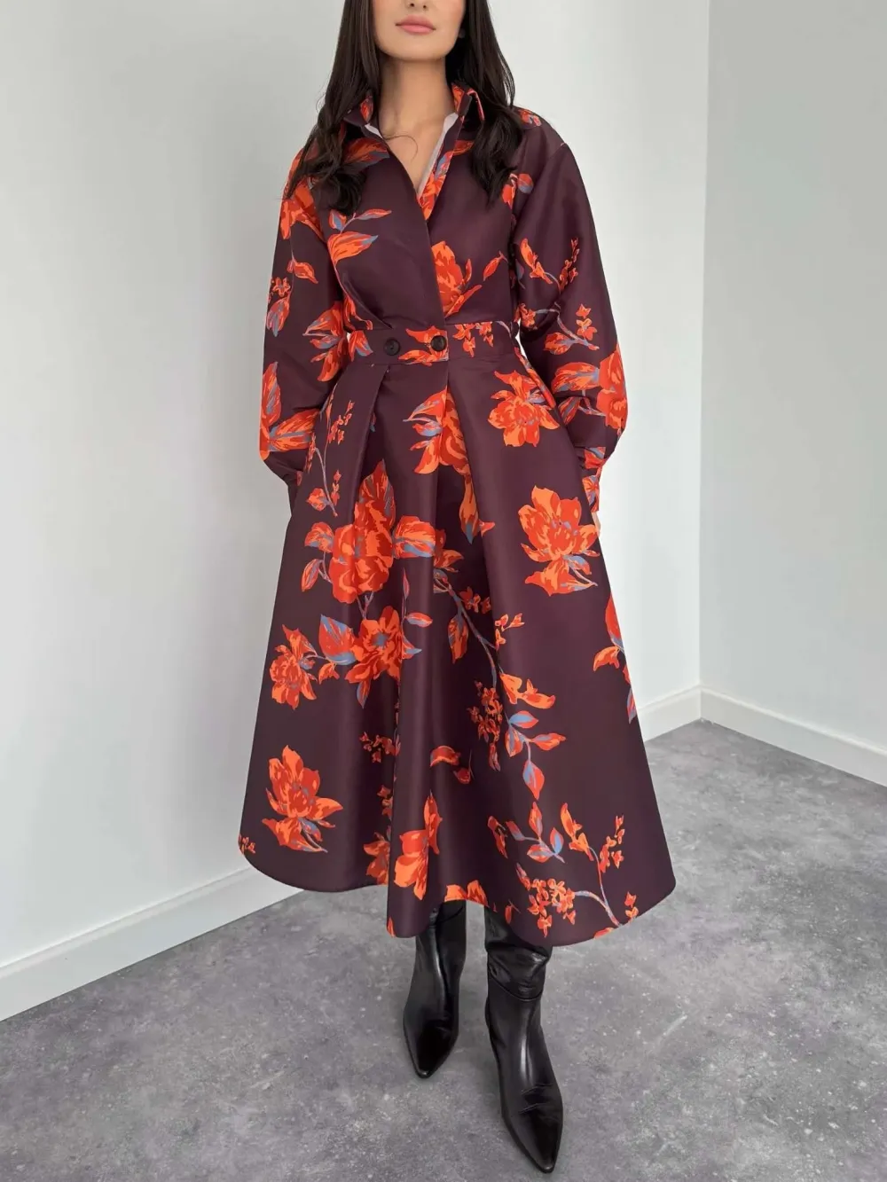 Retro Lapel Floral Print Flared Midi Dress