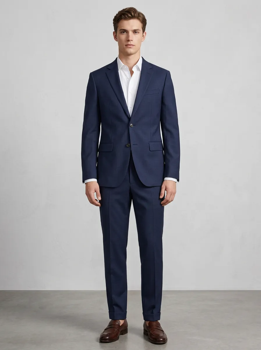Men's Straight Leg Business Formal Navy Blue Solid Color Suit Set