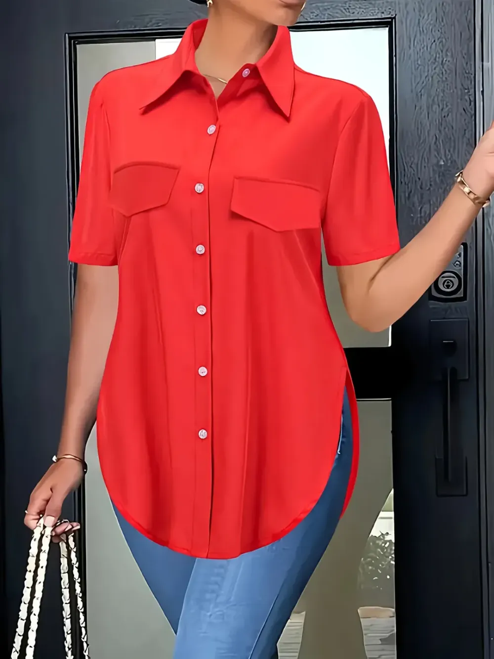 Solid Color Irregular Button Short Sleeve Shirt