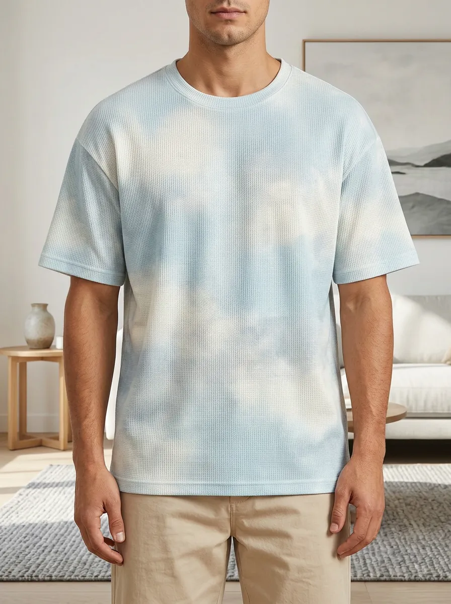 Men's Casual Cloud Tie-dye Waffle Knit Crew Neck T-Shirt