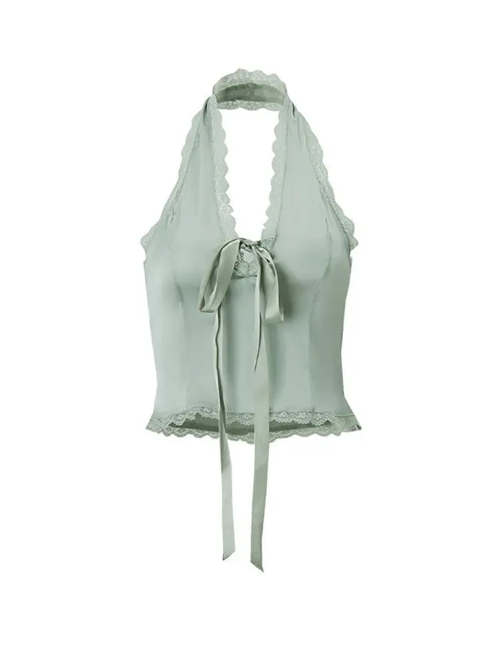 Halter V-Neck Lace-Trim Lace Tank Top