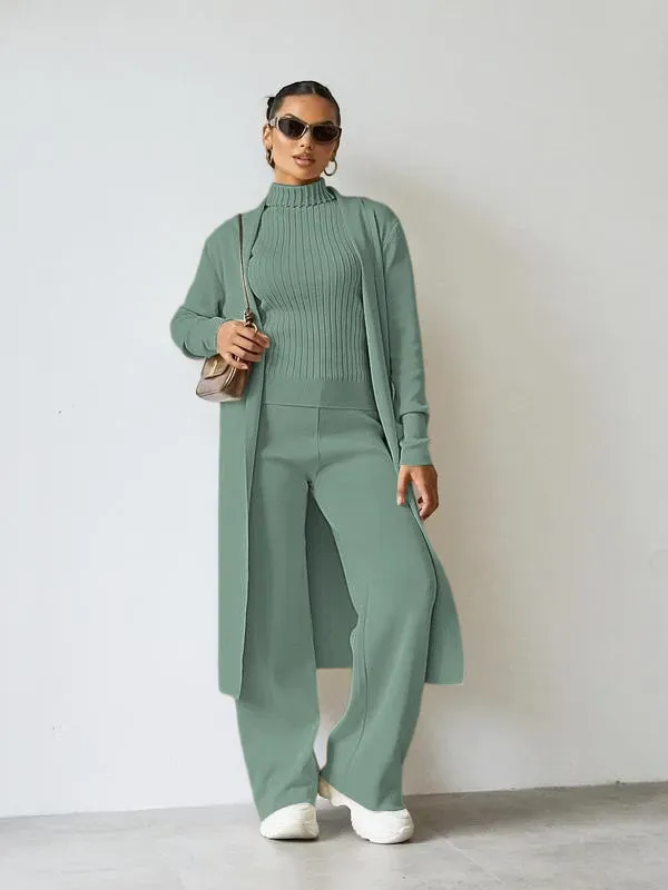 Trendy Knit Turtle Neck Tank & Wide Leg Trousers With Open-Front Long Cardigan Three-Piece Sets