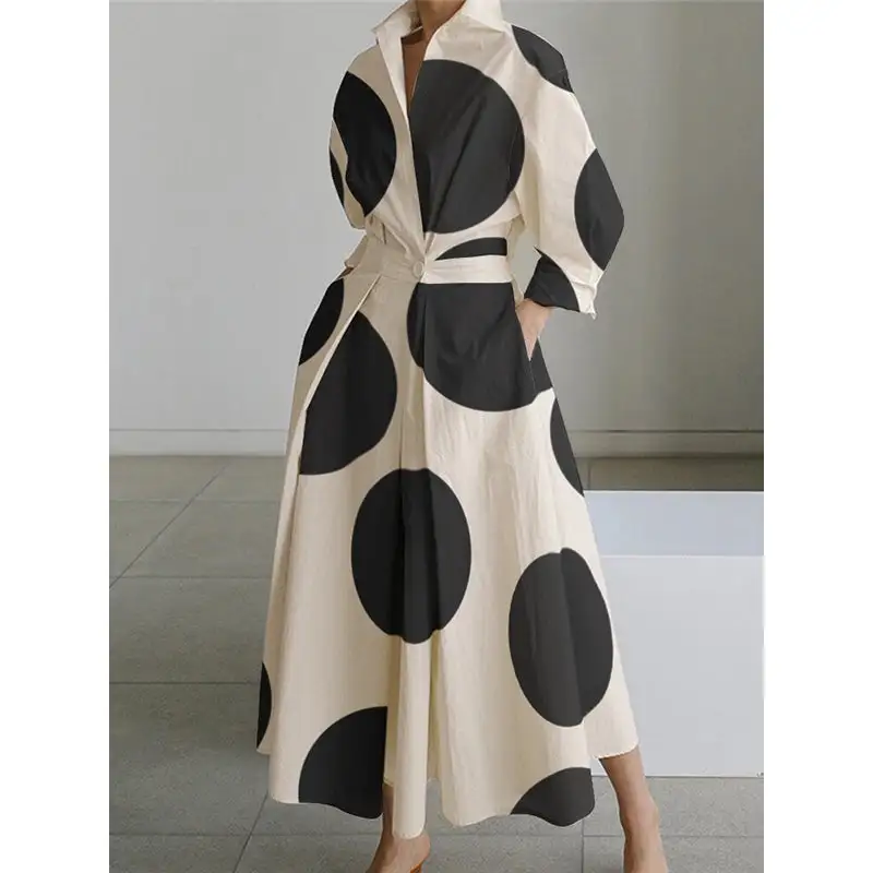 Streamlined Long Sleeves Loose Contrast Color Pleated Polka-Dot Tied Waist Lapel Shirt Dress