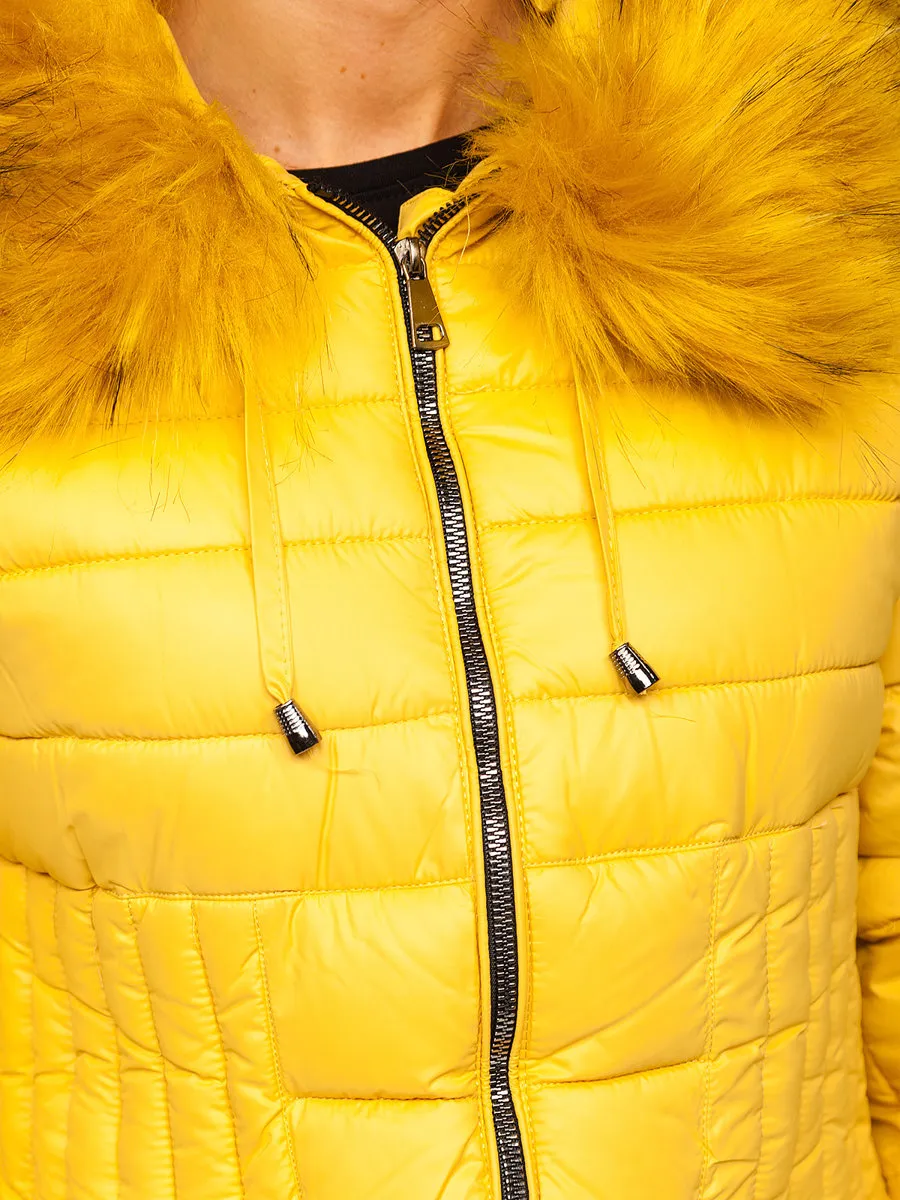 Women's yellow quilted winter jacket with hood