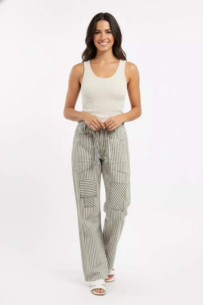 Sequin Striped Barrel Leg Relaxed Fit Pants