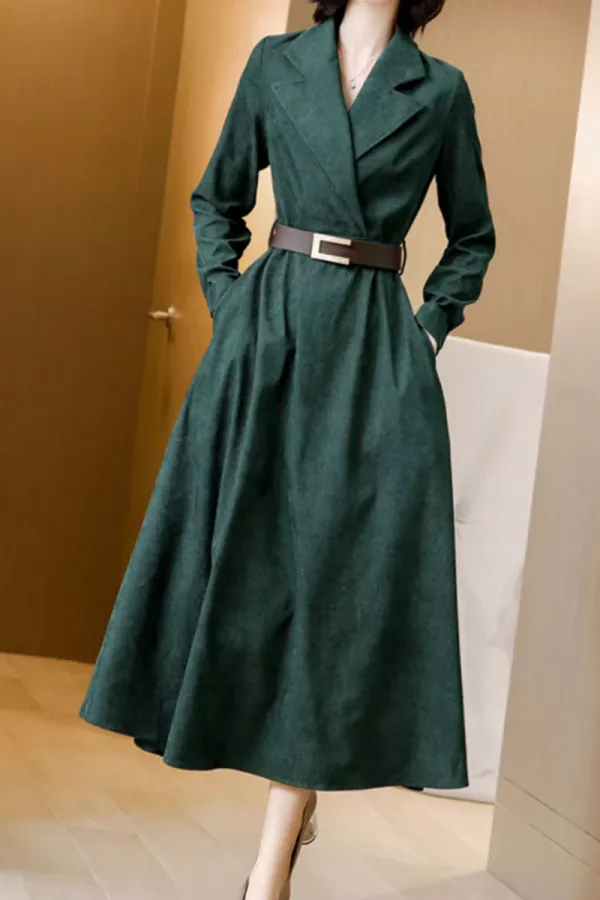 Wool Blend Lapel Collar Long Sleeve Midi Dress