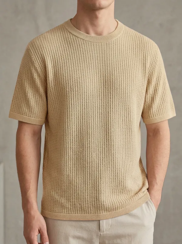 Modern Waffle-Knit Textured-Knit Men's Knit Crew-Neck T-Shirt