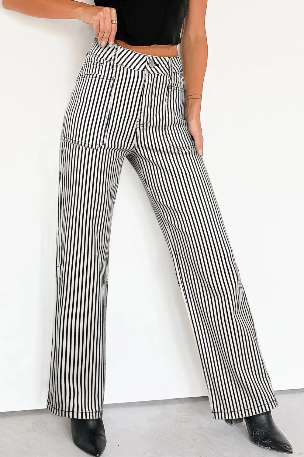 High Waist Patch Pocket Stripe Shift Jeans