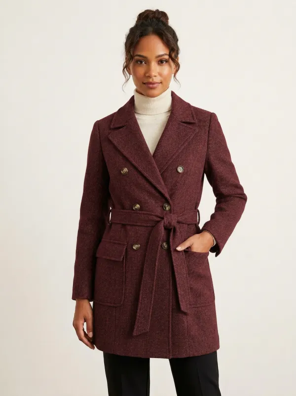 Women's Classic Herringbone Pattern Double-Breasted Belted Coat