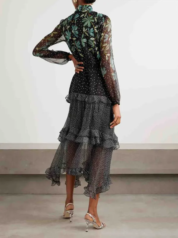 Polka Dot Floral Print Ruffled Midi Dress