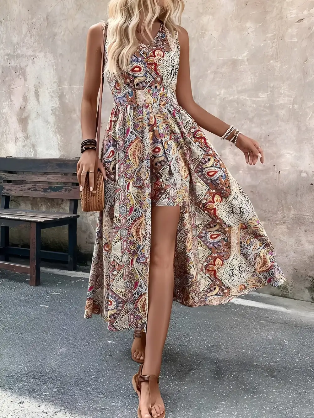 Boho Paisley V-Neck Sleeveless Slit Romper