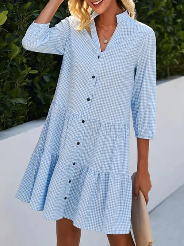 A Line Relaxed Buttoned Plaid Split Joint Stand Collar Mini Dress