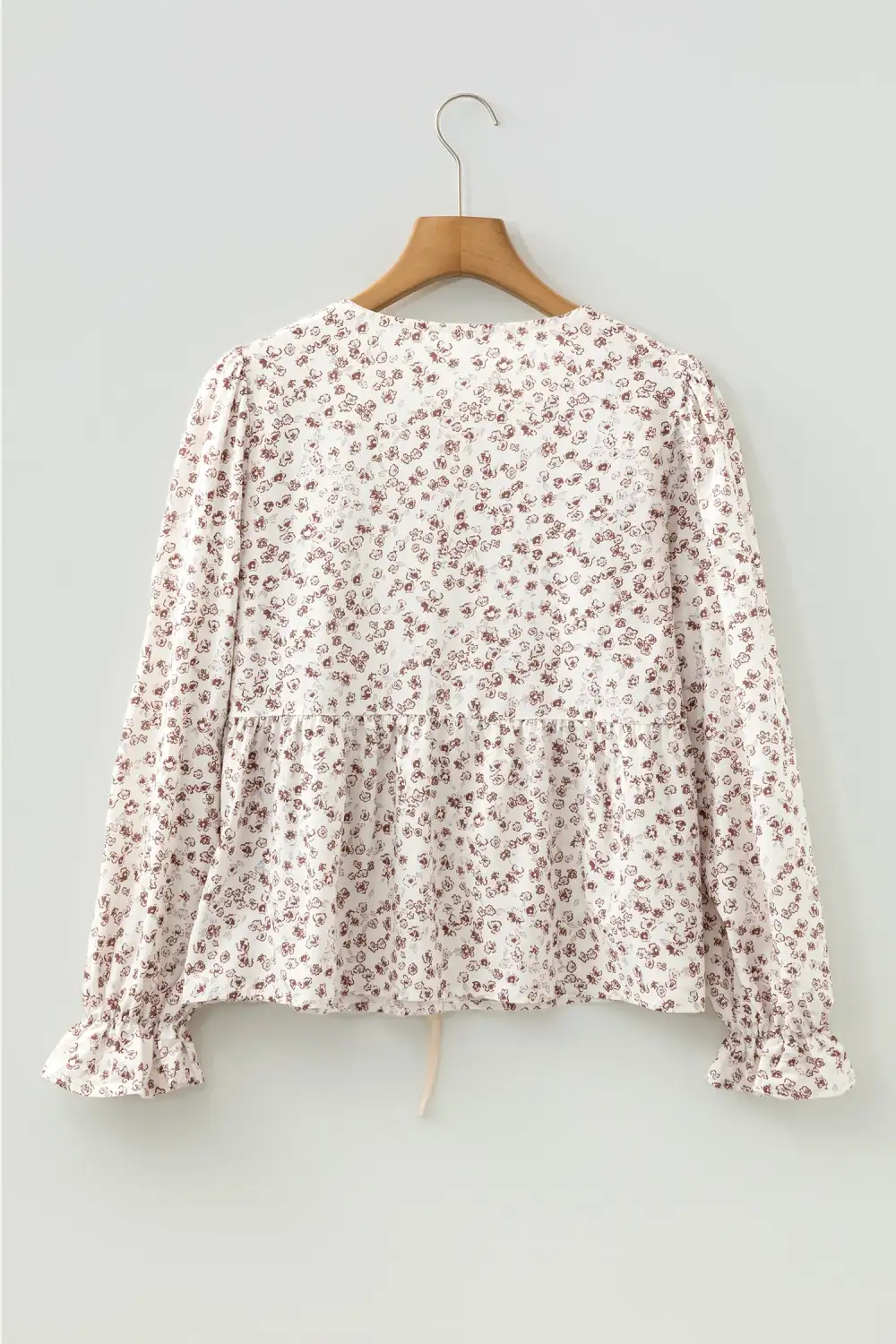 White Bow Tie Front Floral Print Flounce Sleeve Peplum Blouse