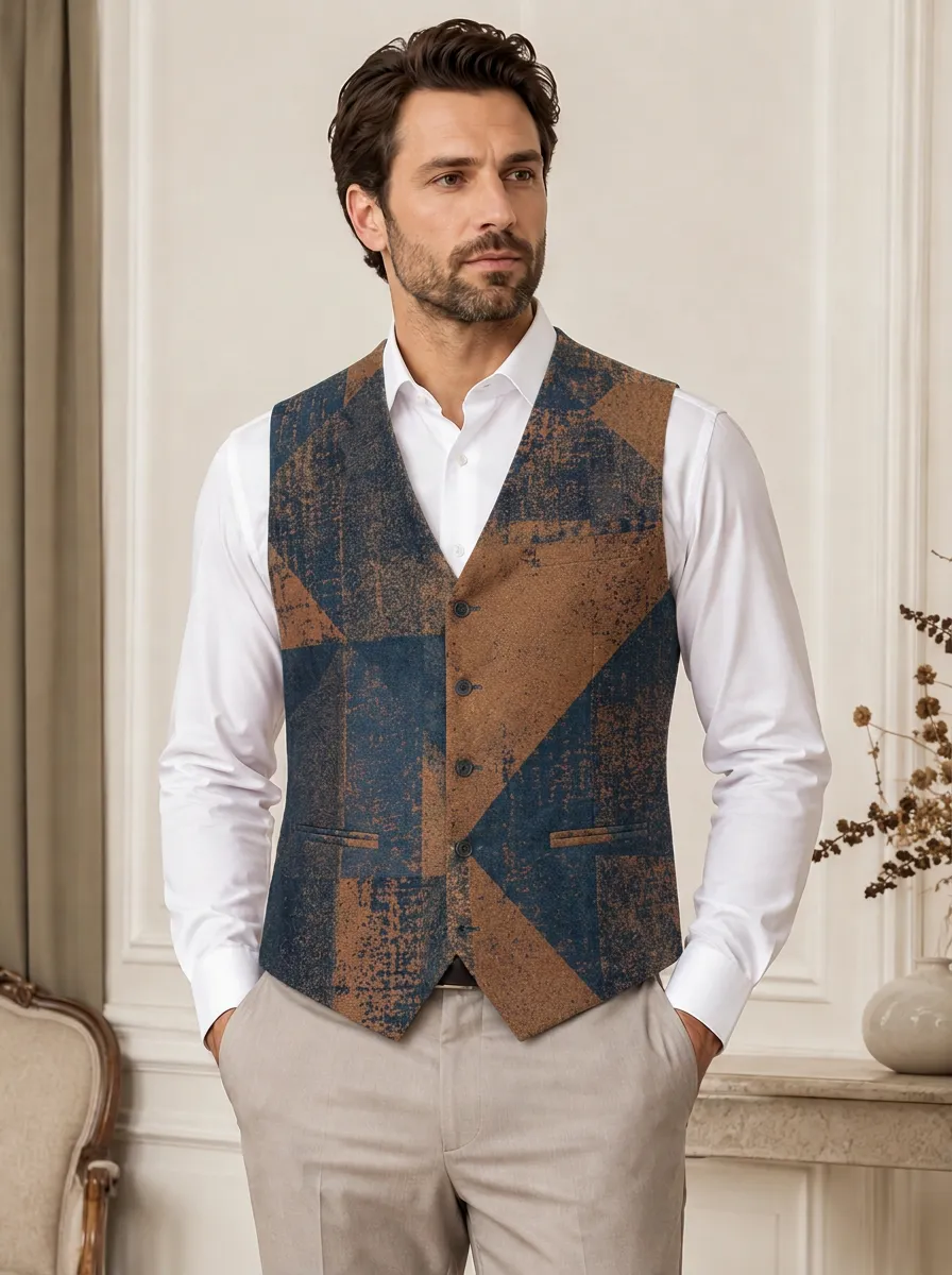 Men's Geometric Pattern Brown Blue Printed Waistcoat Vest