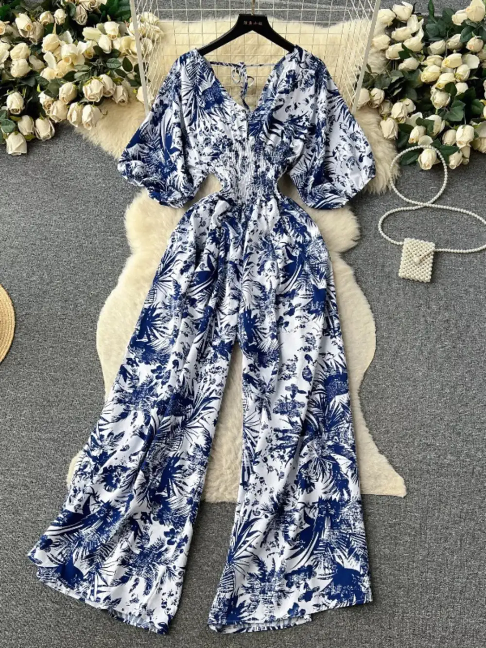 Smocked V Neck Wide Leg Jumpsuit