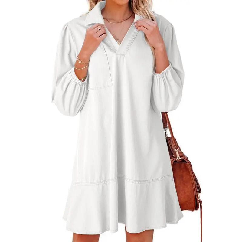 Women Fashion Fall Casual Babydoll 2025 V Neck 3/4 Puff Sleeve Jean Dresses