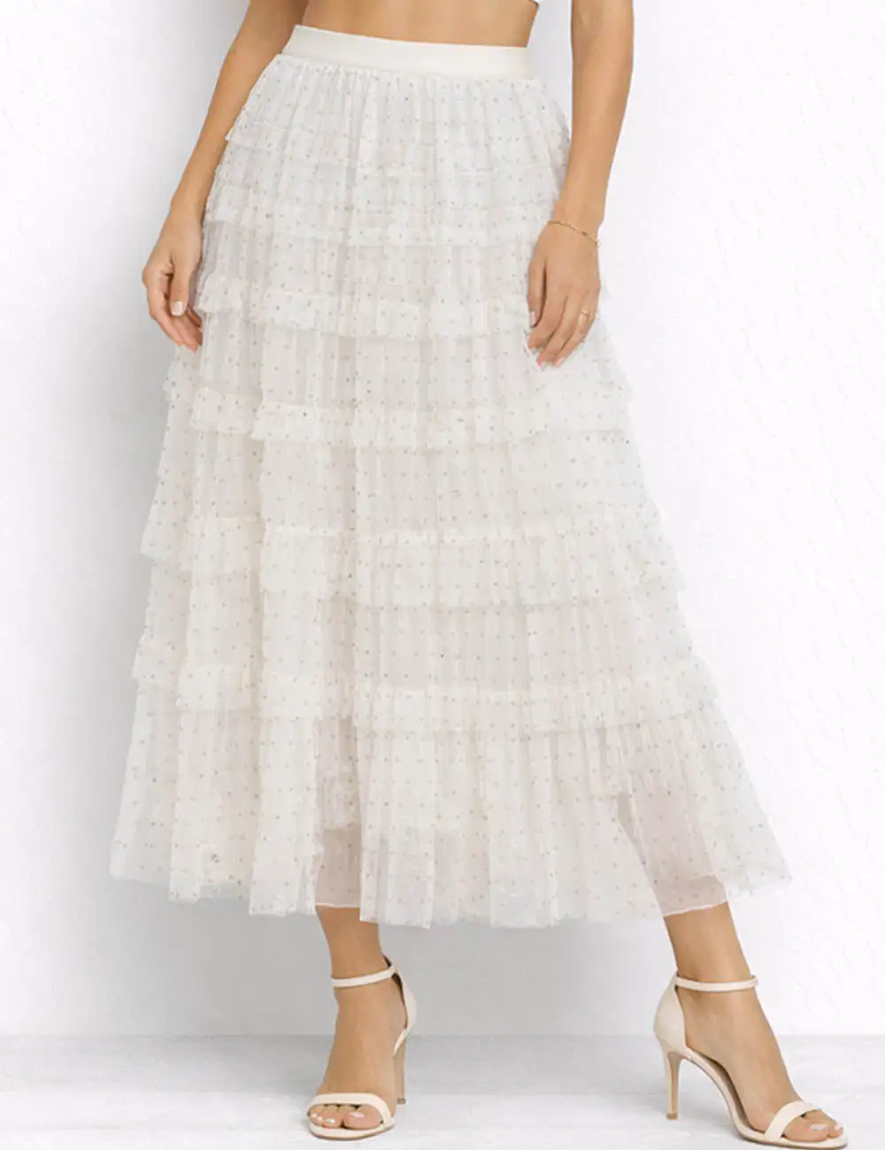 Chic Polka Dot Tiered Ruffle Elastic Waist Midi Skirt