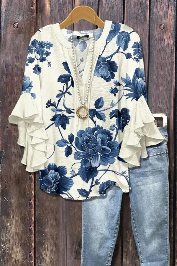 Vintage Floral Print Puff Sleeve Blouse