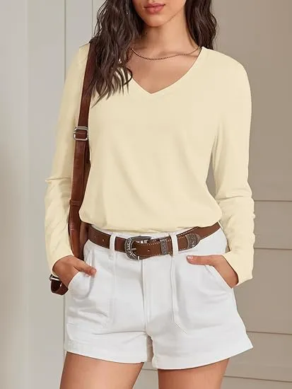 Women's V-Neck Long Sleeve Tee - Soft Curved Hem Top