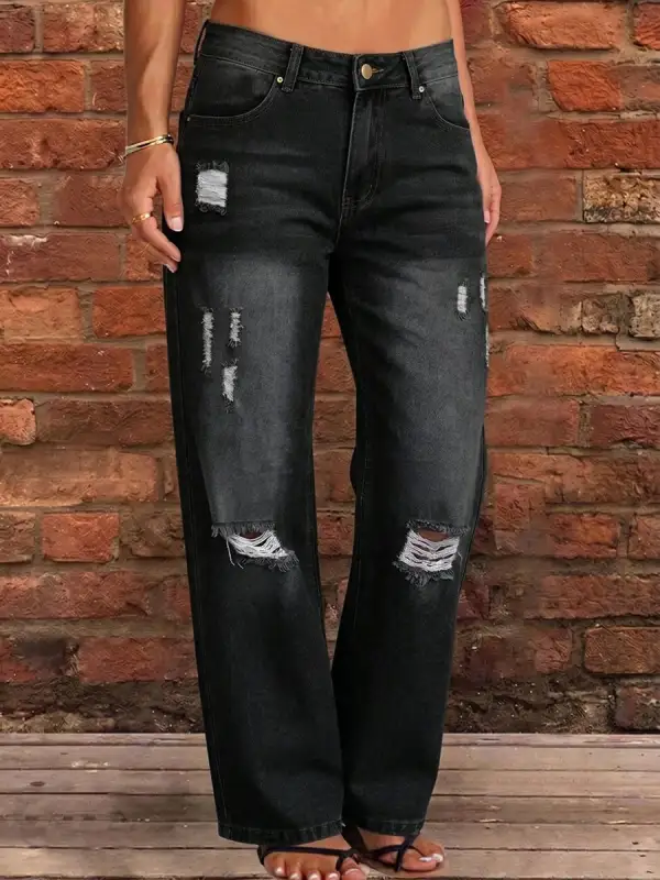 High Waist Wide Leg Seamed Cutout Detail Button Detail Pocket Jeans