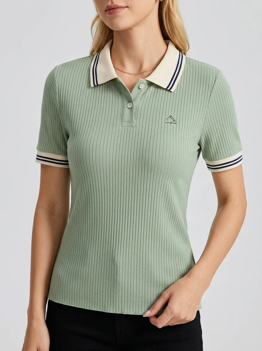 Women's Minimalist Geometric Logo Ribbed Knit Polo Shirt