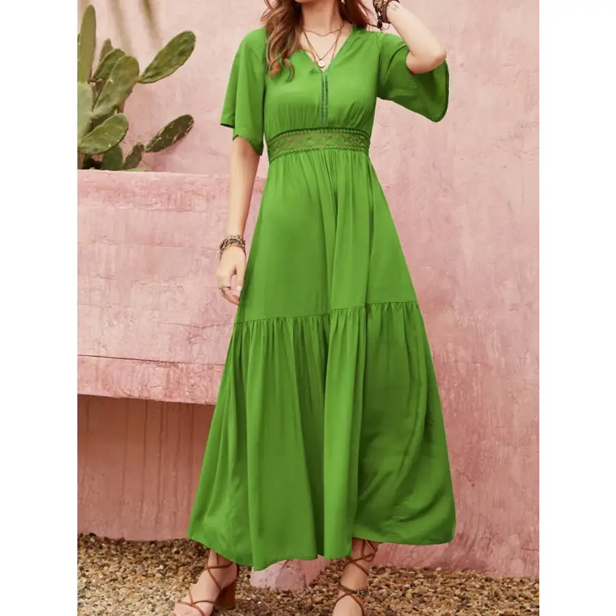 Classic Lace Detail V Neck Short Sleeve Dress