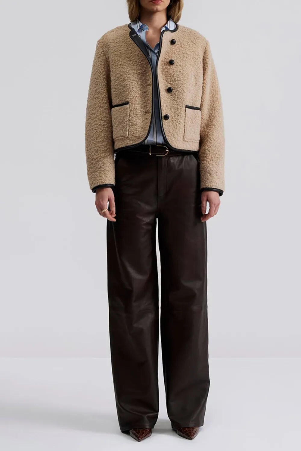 Shearling Trimmed Button Front Jacket