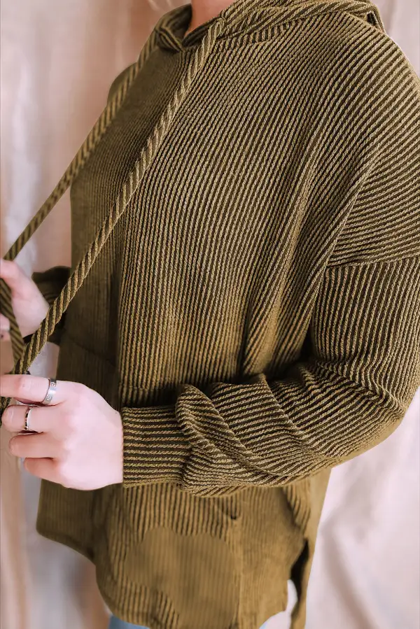 Ribbed Drawstring Kangaroo Pocket Hoodie