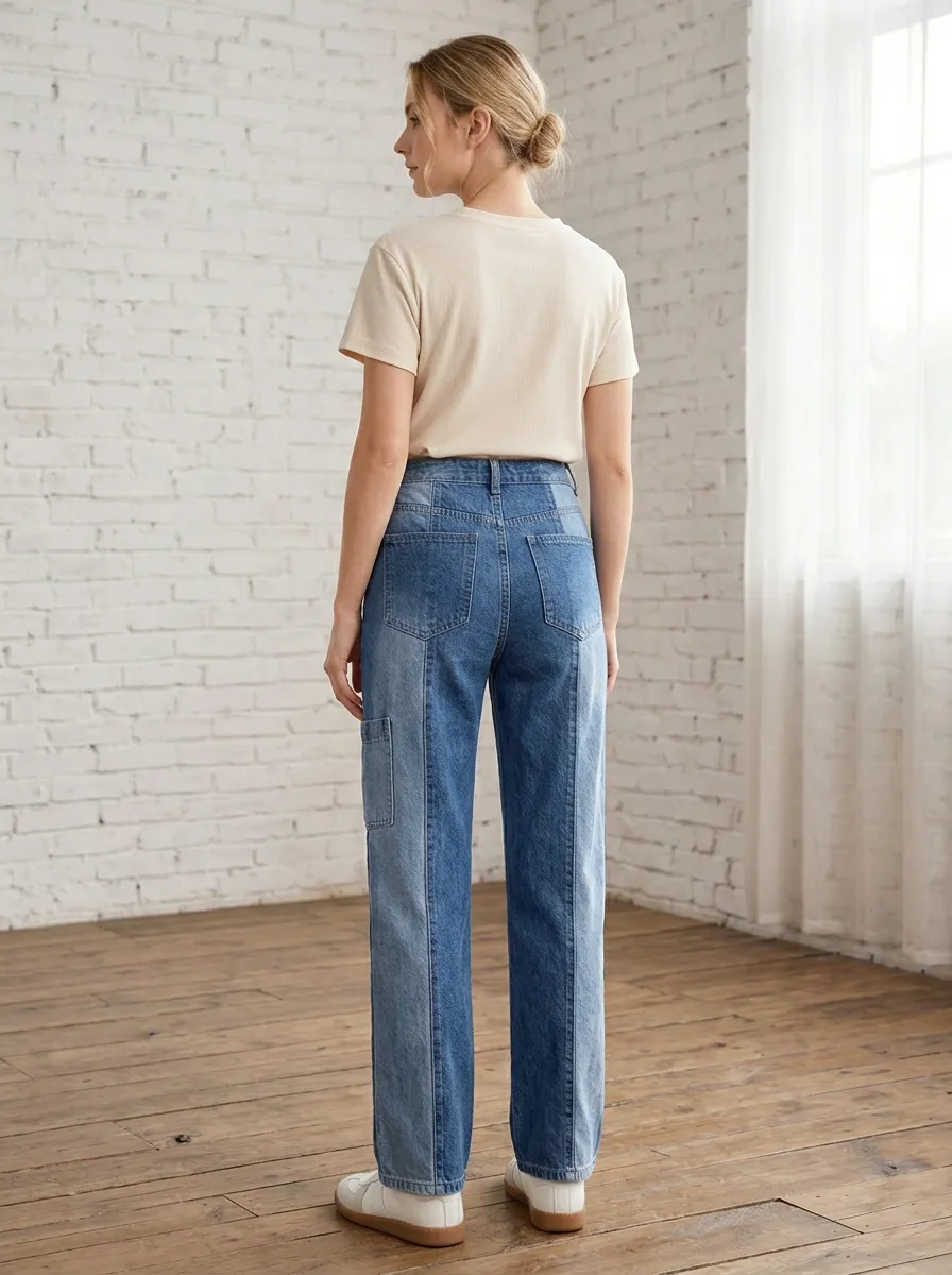 Women's Casual Two-Tone Patchwork High-Waisted Denim Jeans