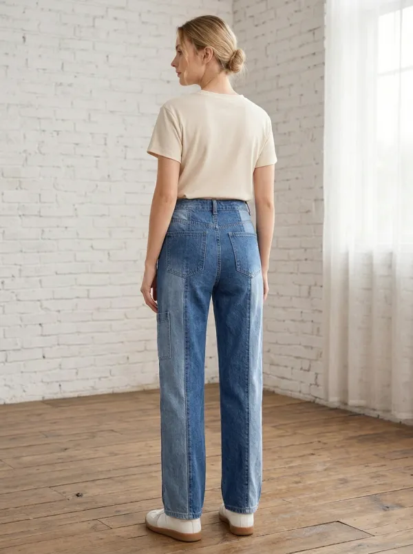Women's Casual Two-Tone Patchwork High-Waisted Denim Jeans