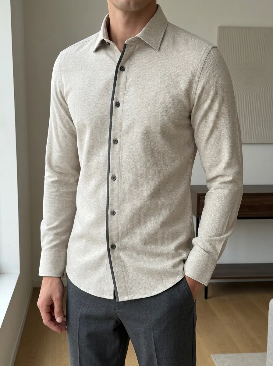Men's Casual Business Herringbone Contrast Trim Slim Fit Shirt