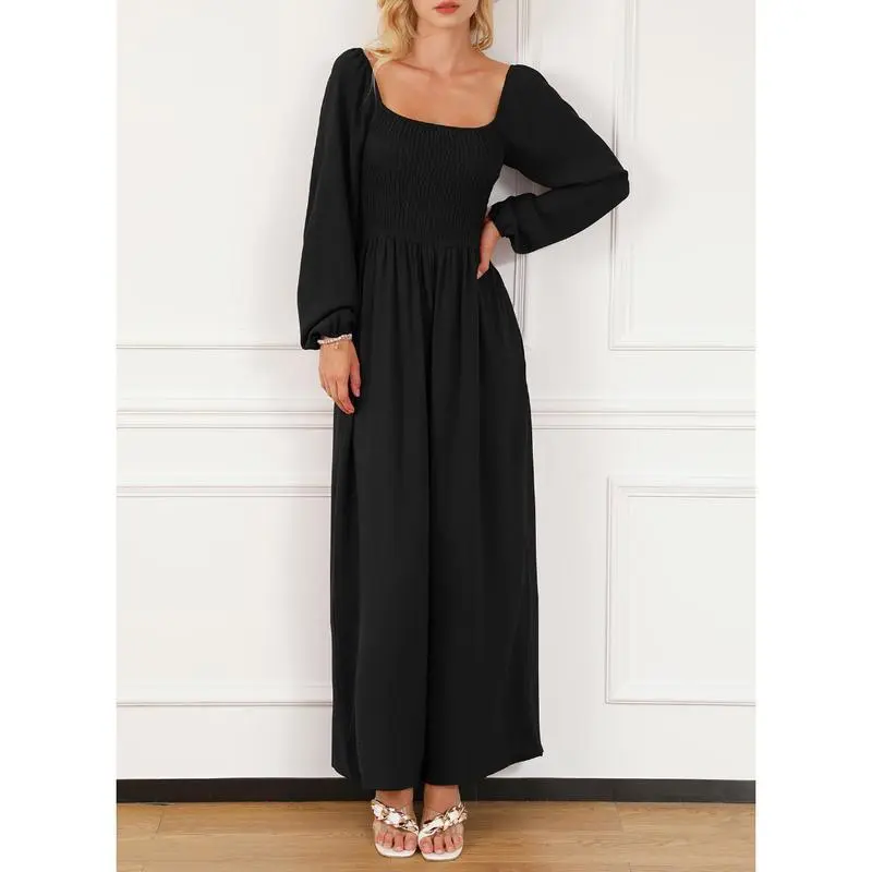 Women's Wide Leg Jumpsuit - Long Sleeve Loose Fit Overalls with Pockets