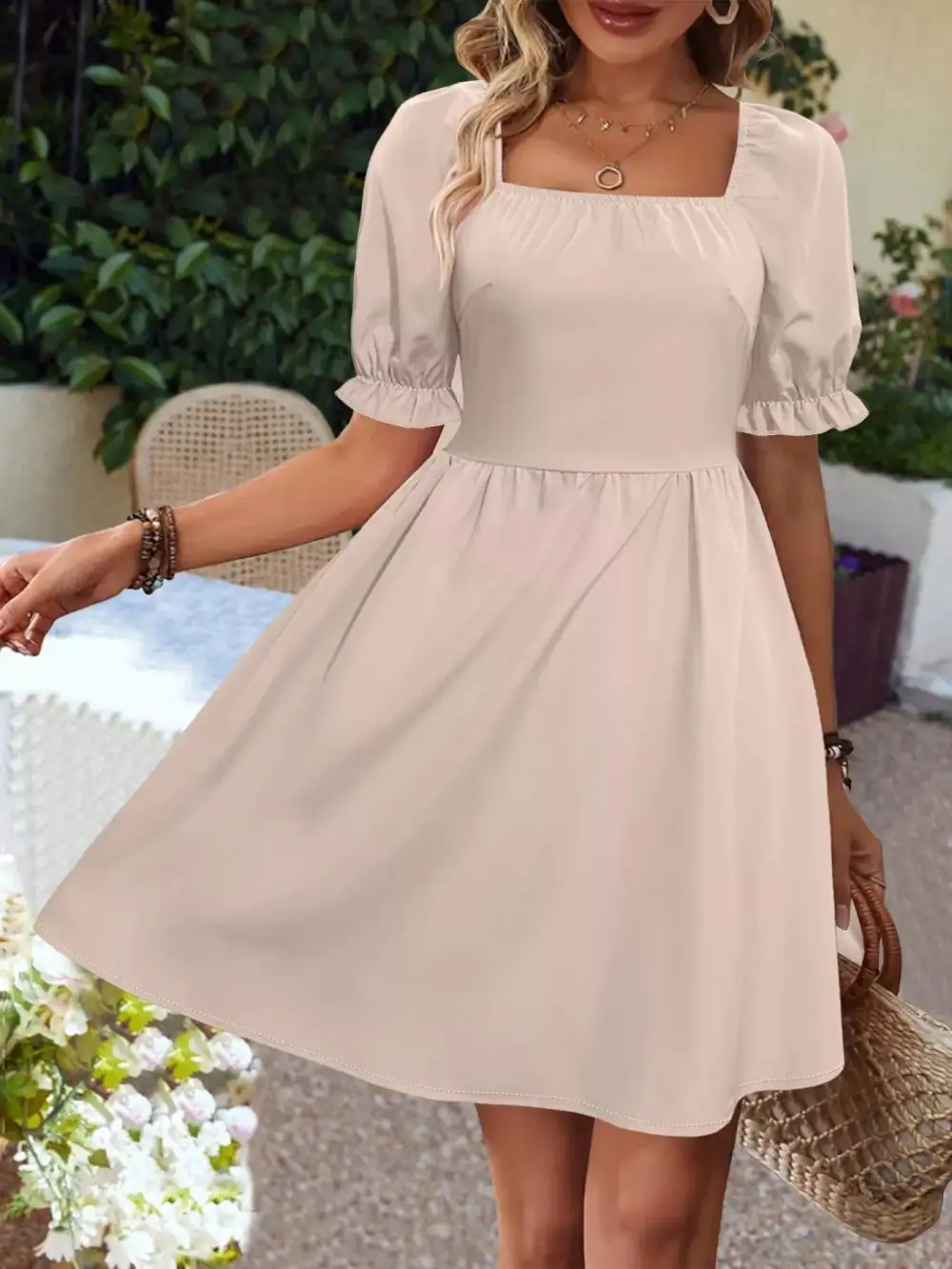 Square Neck Puff Sleeve Mini Dress
