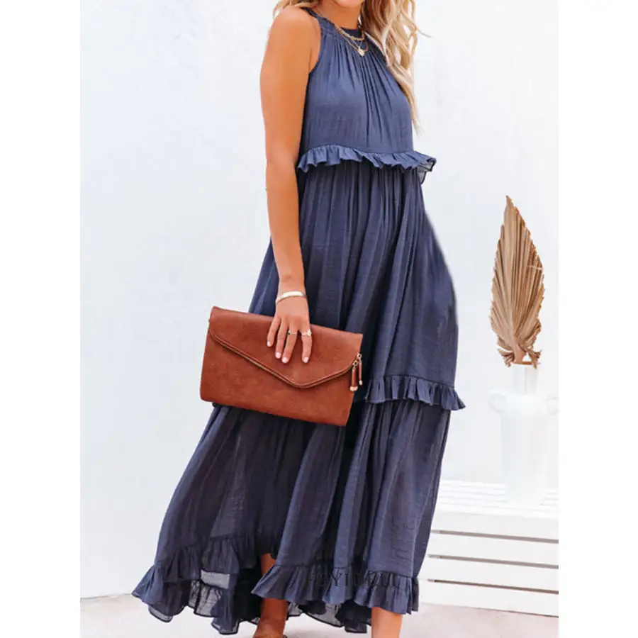 Ruffled Sleeveless Maxi Dress with Pockets