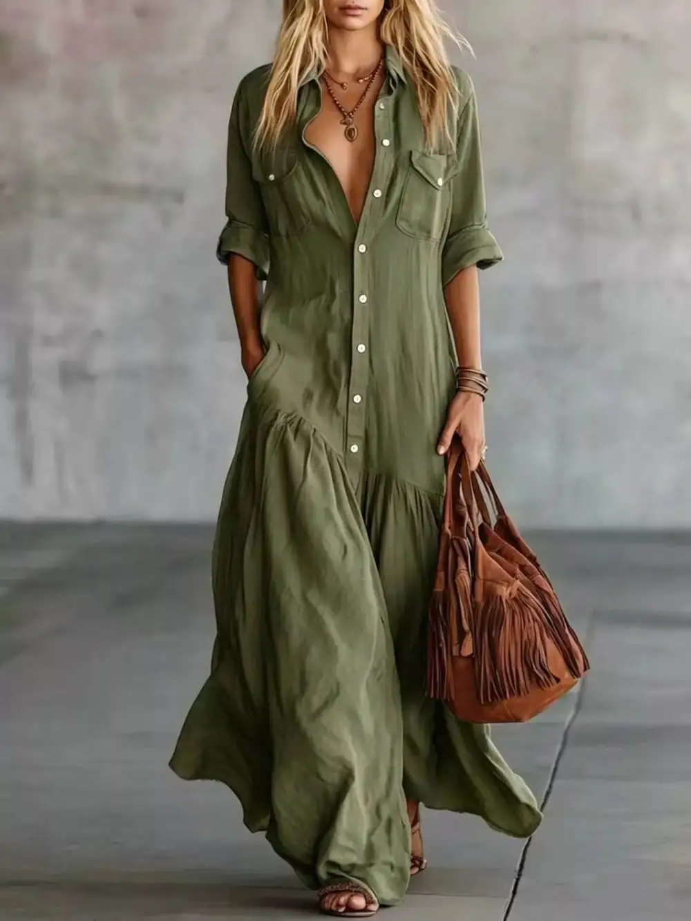 Button Front Roll-Up Sleeve Maxi Dress