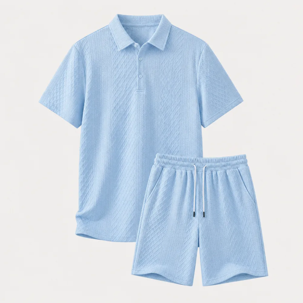 Men's Textured Knit Polo & Shorts Set